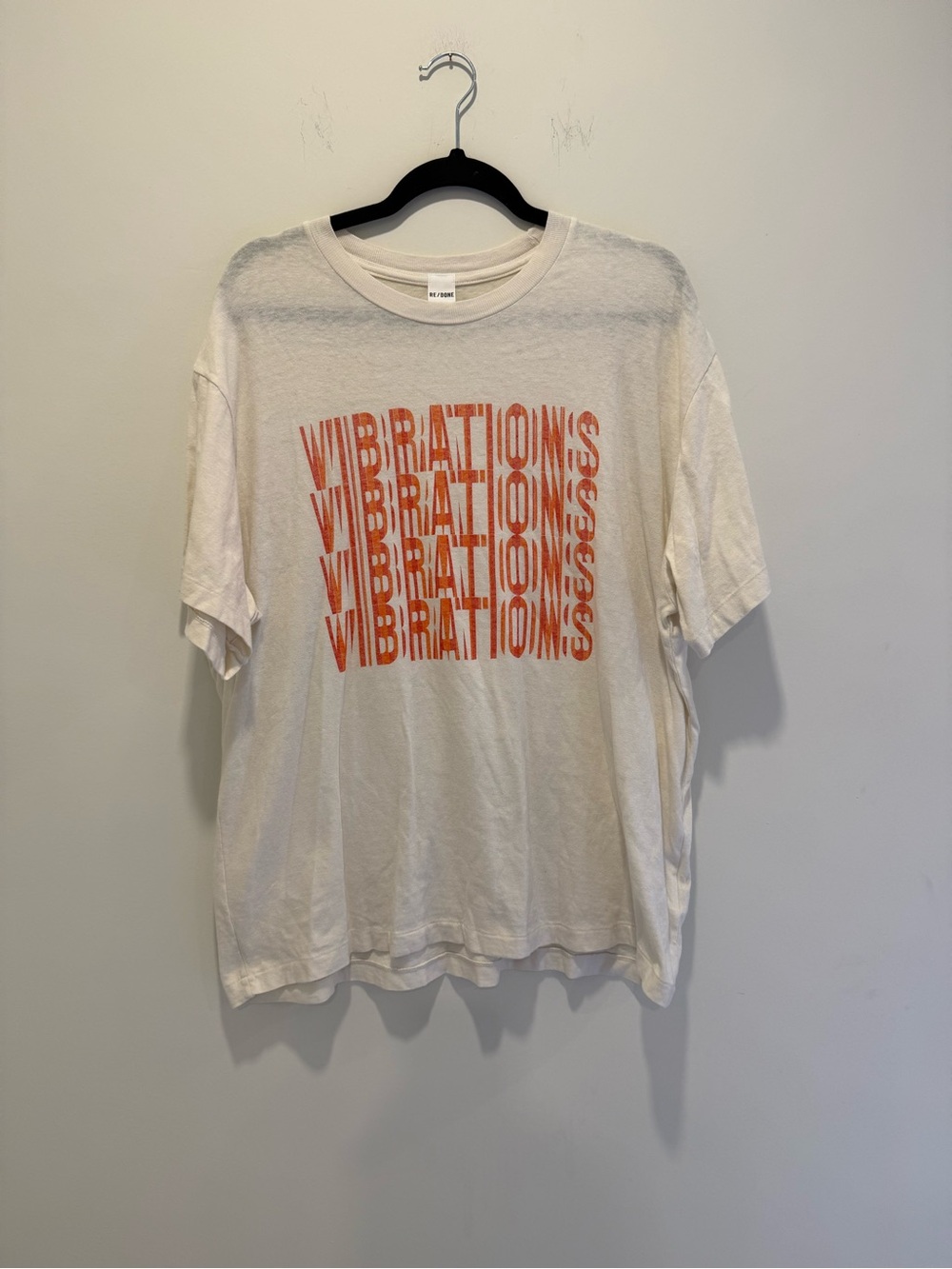 Re/Done Vintage 90s White Short Sleeve Tee with Orange Graphic "Vibrations"